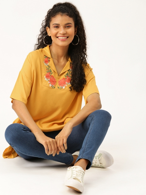 

DressBerry Women Mustard Yellow Floral Embroidered Detail A-Line Top