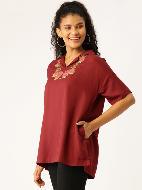 

DressBerry Women Maroon Floral Embroidered Detail A-Line Top