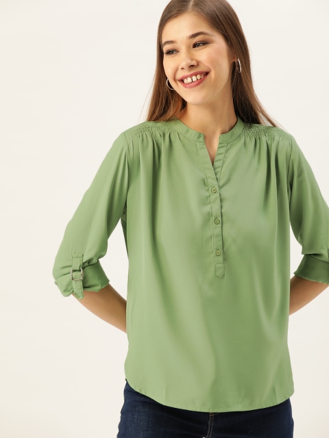 

DressBerry Women Green Solid Smocked Detail Top