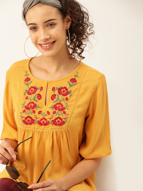 

DressBerry Women Mustard Yellow & Red Embroidered A-Line Top