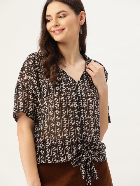 

DressBerry Women Black & Beige Regular Fit Printed Semi-Sheer Casual Shirt
