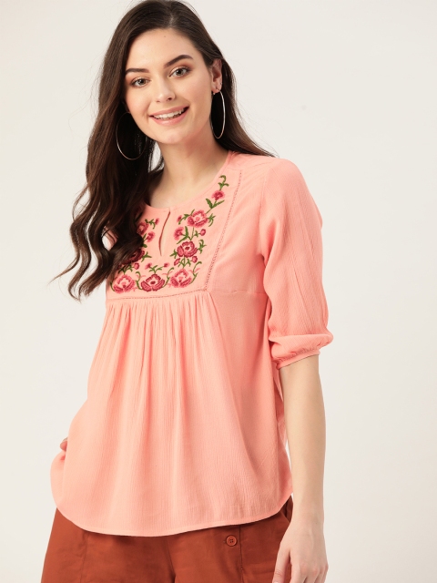 

DressBerry Women Peach-Coloured & Maroon Solid Top