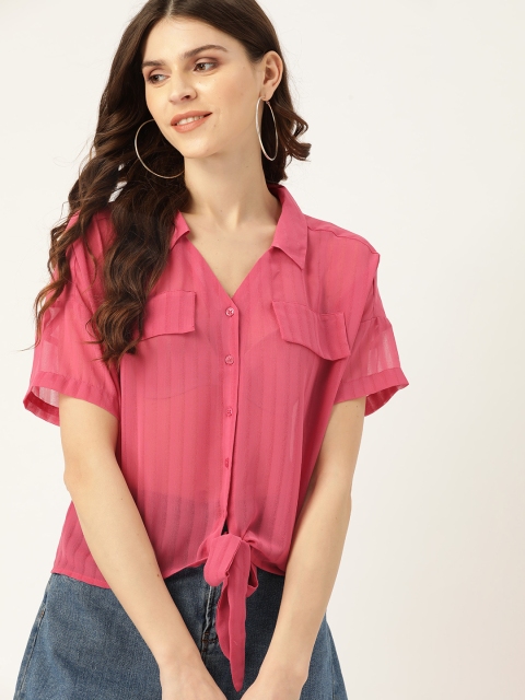 

DressBerry Women Pink Sheer Self-Striped Casual Shirt