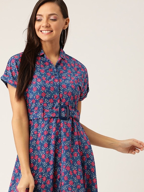 

DressBerry Women Navy Blue & Coral Pink Floral Printed Tiered Maxi Dress
