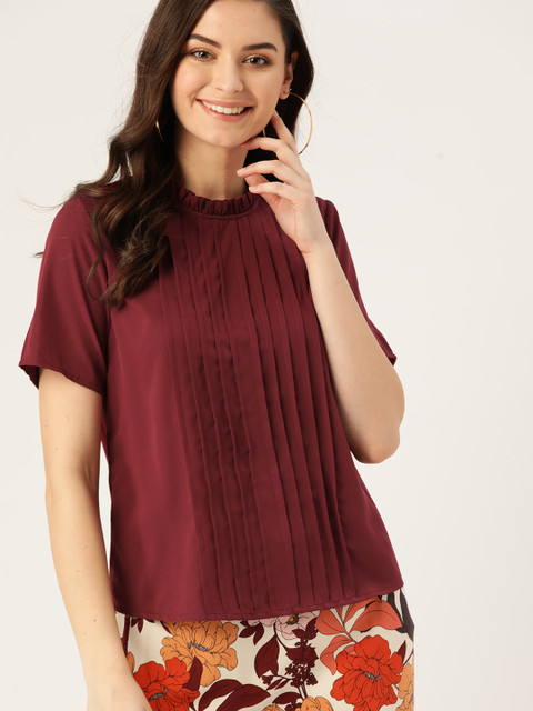 

DressBerry Women Burgundy Pleated Solid Top