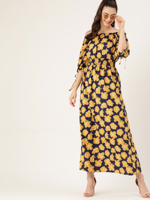 

DressBerry Women Navy Blue & Mustard Yellow Floral Print Maxi Dress