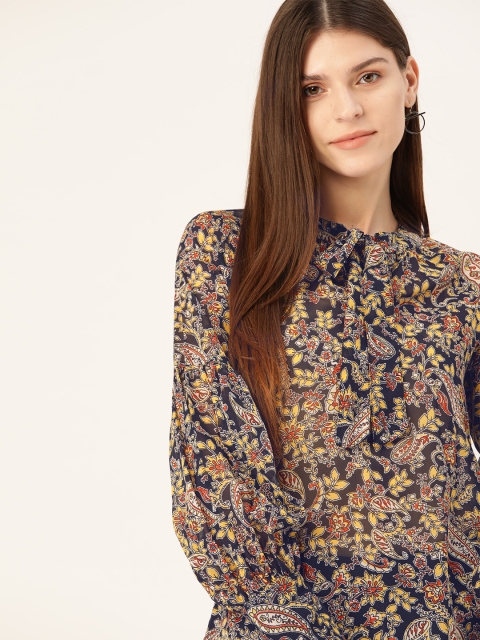 

DressBerry Women Navy Blue & Mustard Yellow Printed Top
