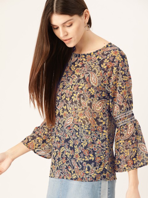 

DressBerry Women Navy Blue & Mustard Yellow Printed Top