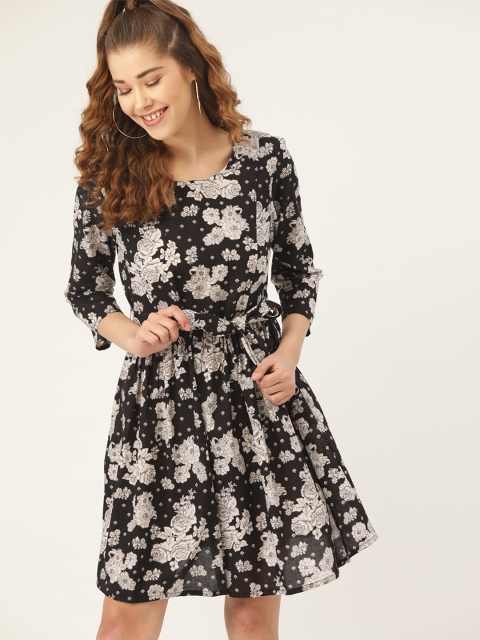 

DressBerry Women Black & Off-White Floral Printed A-Line Dress