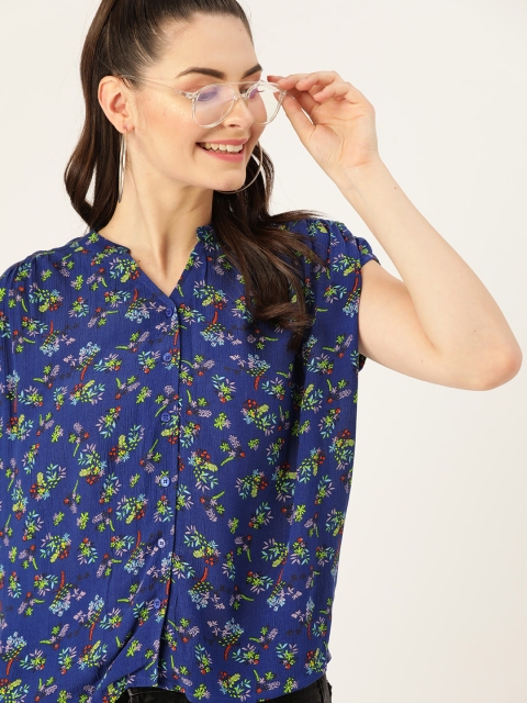 

DressBerry Women Navy Blue & Green Ditsy Floral Print Shirt Style Top