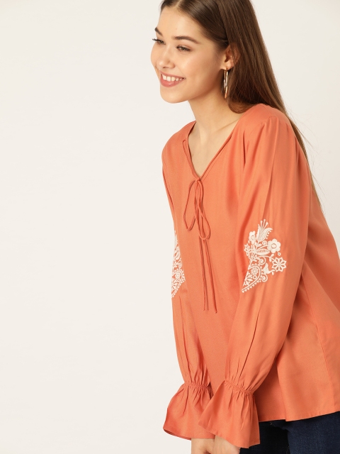 

DressBerry Sustainable ECOVERO Women Rust Orange Embroidered Detail Top