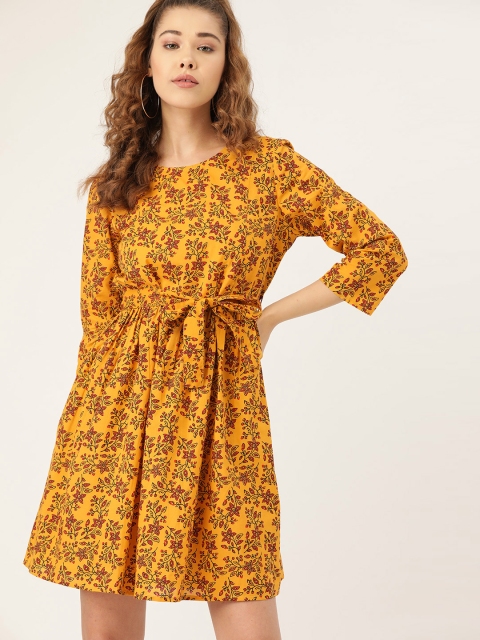 

DressBerry Women Mustard Yellow & Red Printed A-Line Dress