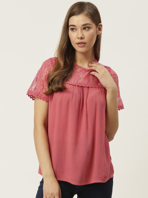 

DressBerry Women Pink Solid Lace Detail Top