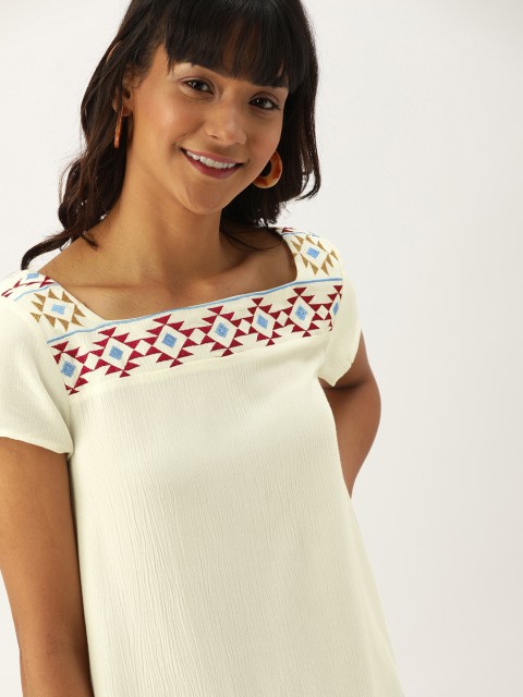 

DressBerry Women Off-White Embroidered Detail A-Line Top