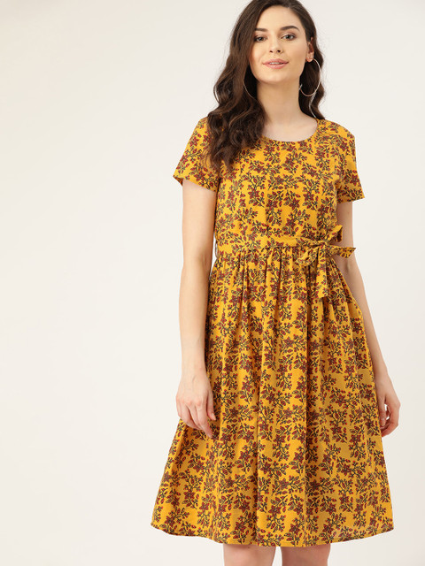 

DressBerry Women Mustard Yellow & Red Printed A-Line Dress