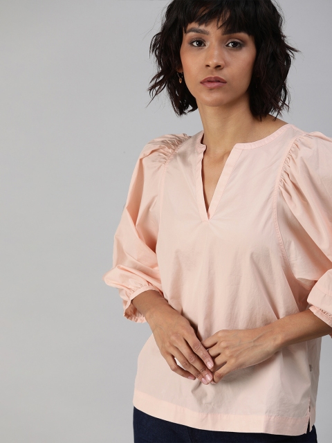 

Levis Women Peach-Coloured Solid Puffed Sleeved Pure Cotton Top