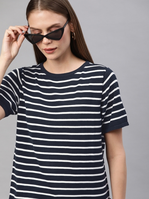 

Levis Women Navy Blue & White Striped Round Neck Pure Cotton T-shirt