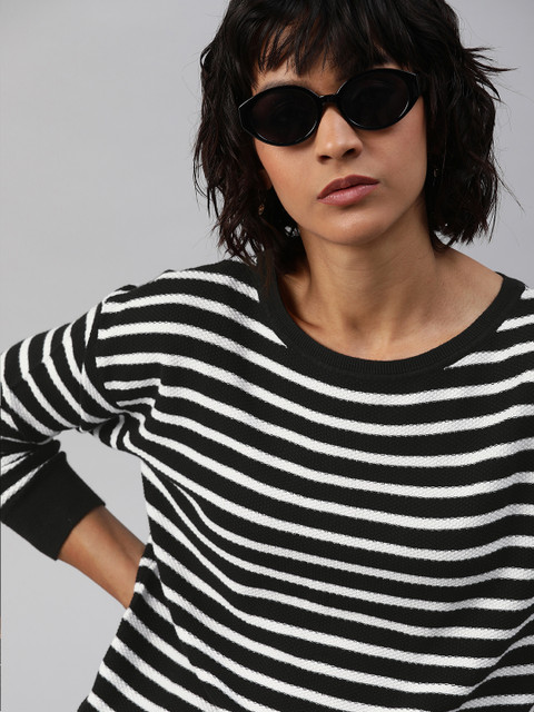 

Levis Women Black & White Striped Knitted Drop Shoulder Blouson Top