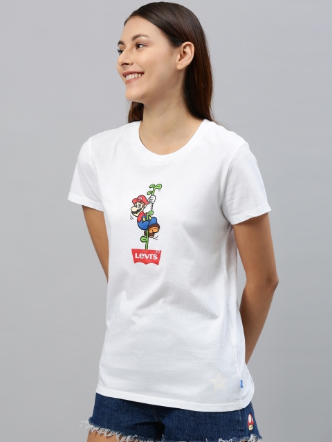 

Levis Super Mario Women White Printed Round Neck Pure Cotton T-shirt