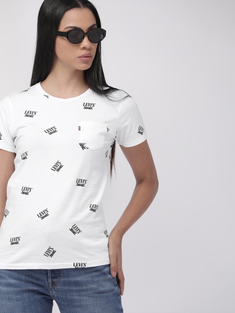 

Levis Women White Black Printed Round Neck Sunset Pocket Pure Cotton T-shirt