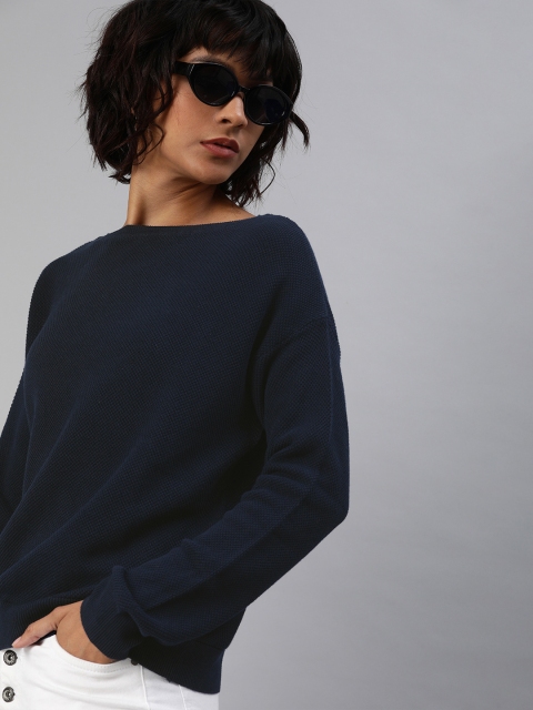 

Levis Women Navy Blue Self Design Knitted Drop Shoulder Blouson Pure Cotton Top