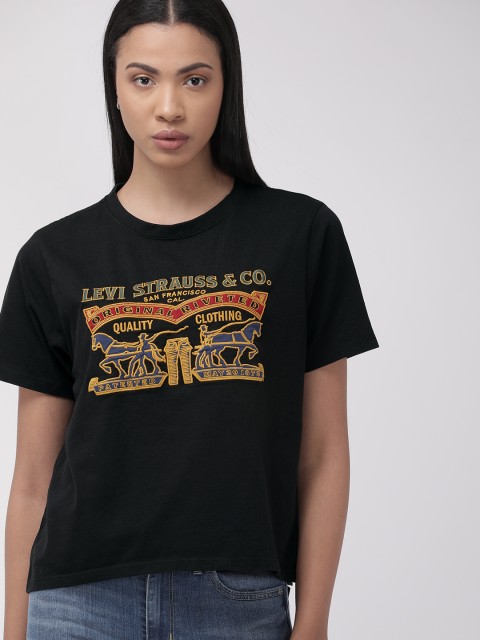

Levis Women Black Embroidered Round Neck Pure Cotton T-shirt