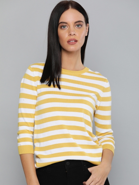 

Levis Women White & Mustard Yellow Striped Knitted Pure Cotton Top