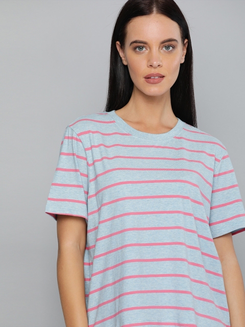 

Levis Women Blue Pink Striped Round Neck Pure Cotton T-shirt
