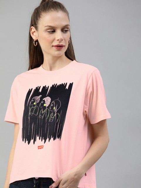 

Levis Women Pink Boxy Fit Graphic Printed Round Neck Pure Cotton T-shirt