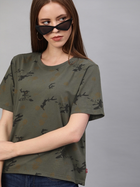 

Levis Women Green & Black Camouflage Printed Round Neck T-shirt