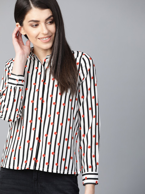 

Mast & Harbour Women Off-White & Black Regular Fit Striped Casual Shirt
