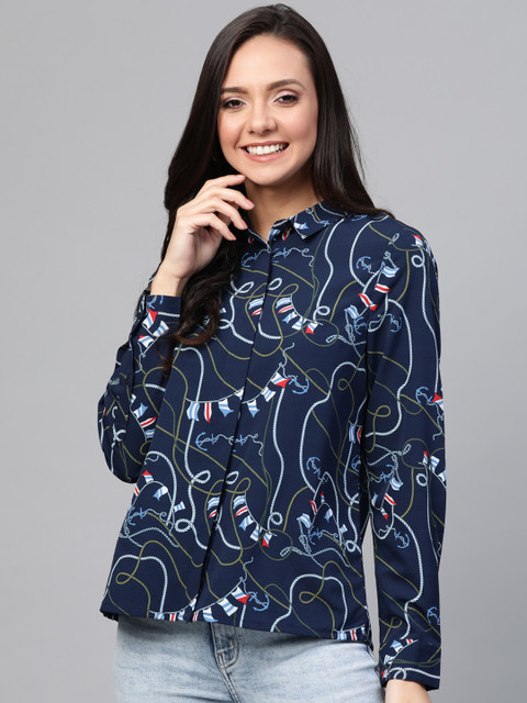

Mast & Harbour Women Navy Blue & White Regular Fit Printed Casual Shirt