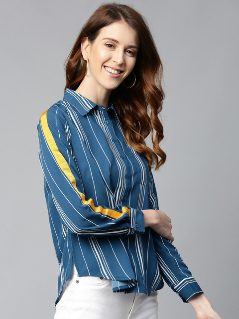 

Mast & Harbour Women Teal Blue & White Regular Fit Striped High-Low Casual Shirt