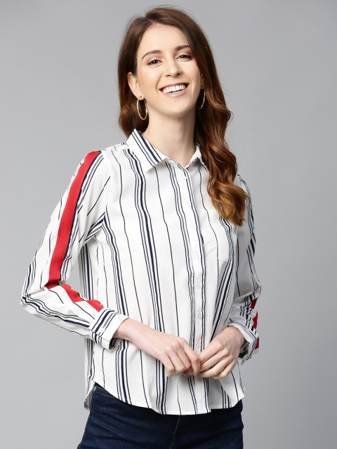 

Mast & Harbour Women White & Navy Blue Regular Fit Striped High-Low Casual Shirt