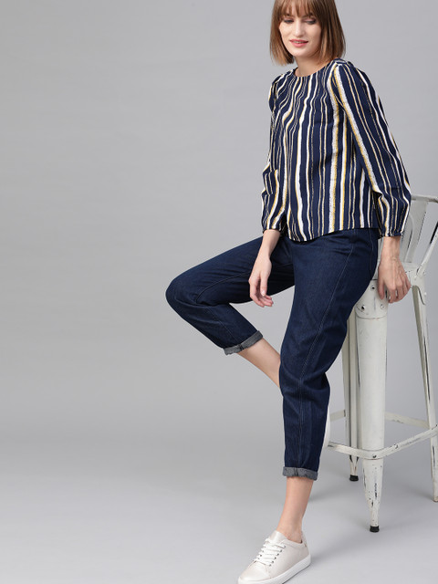 

Mast & Harbour Women Navy Blue & Yellow Striped Top