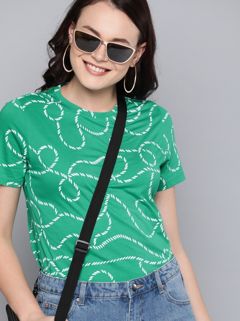 

Mast & Harbour Women Green & White Printed Round Neck T-shirt