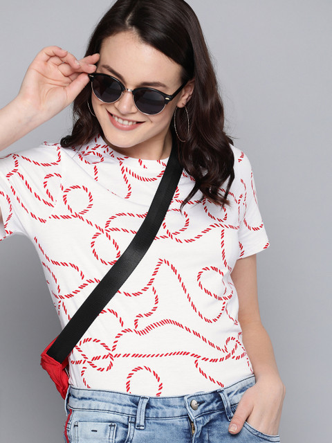 

Mast & Harbour Women White & Red Printed Round Neck T-shirt
