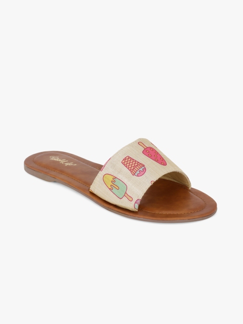 

The Tassle Life Women Cream-Coloured Printed Open Toe Flats