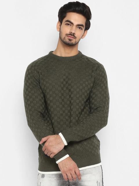 

Mufti Men Olive Green Self Design Pullover Sweater