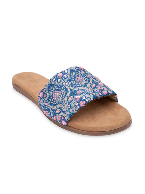 

Jivaana Women Blue Printed Suede Open Toe Flats