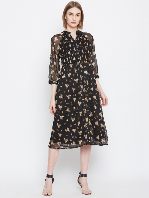 

Femella Women Black Floral Print Smocked A-Line Dress