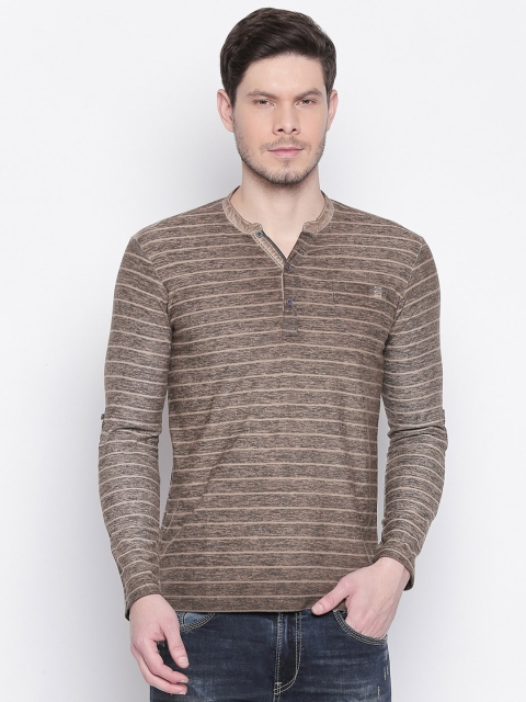 

Mufti Men Brown Striped Henley Neck T-shirt