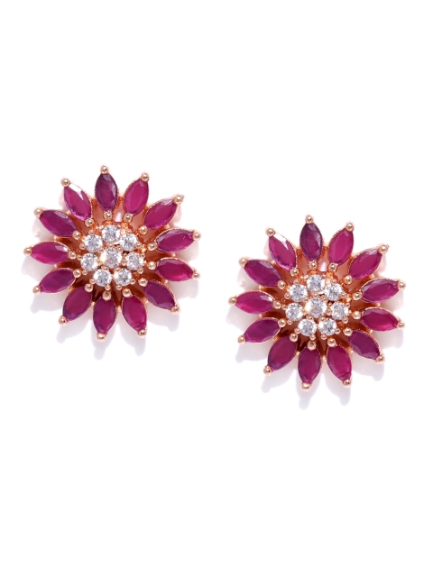 

AADY AUSTIN Magenta Rose Gold-Plated Cubic Zirconia Floral Studs