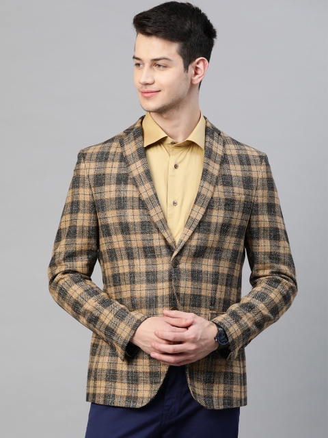 

Blackberrys Men Beige & Charcoal Grey Slim Fit Checked Single-Breasted Casual Blazer