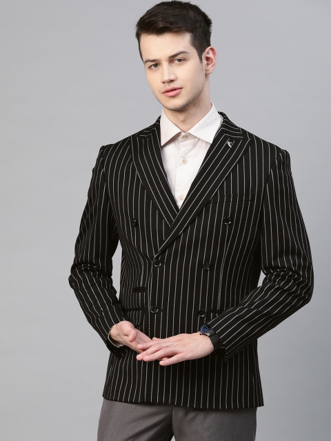 

Blackberrys Men Black & White Slim Fit Striped Single-Breasted Casual Blazer
