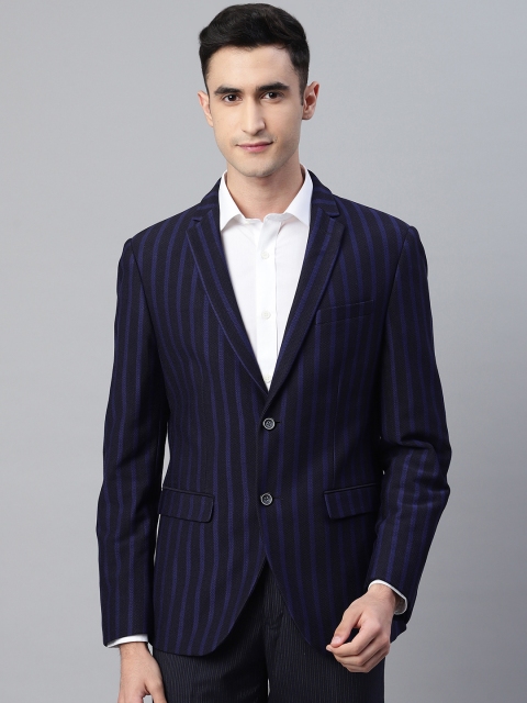

Blackberrys Men Navy Blue & Black Slim Fit Striped Single-Breasted Formal Blazer