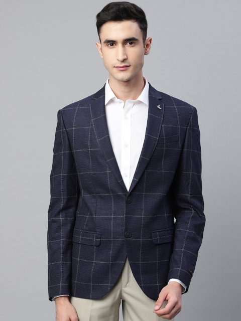 

Blackberrys Men Navy Blue & White Slim Fit Checked Single-Breasted Formal Blazer