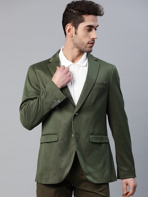 

Blackberrys Men Olive Green Self-Design Slim Fit Single-Breasted Smart Casual Blazer