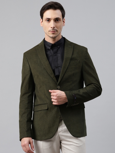 

Blackberrys Men Olive Green Solid Slim Fit Single-Breasted Formal Blazer