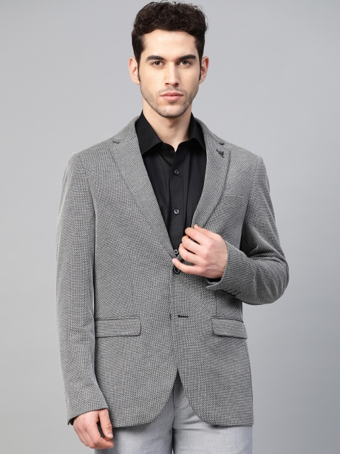 

Blackberrys Men Black & White Slim Fit Self Design Single-Breasted Blazer